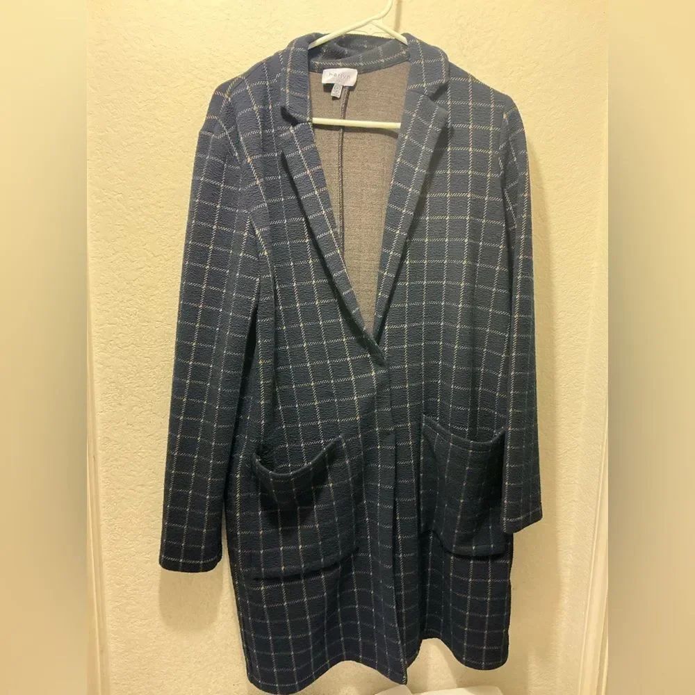HARLYN Women’s Long Oversized Blue Plaid Blazer, Stretchy Over Coat small